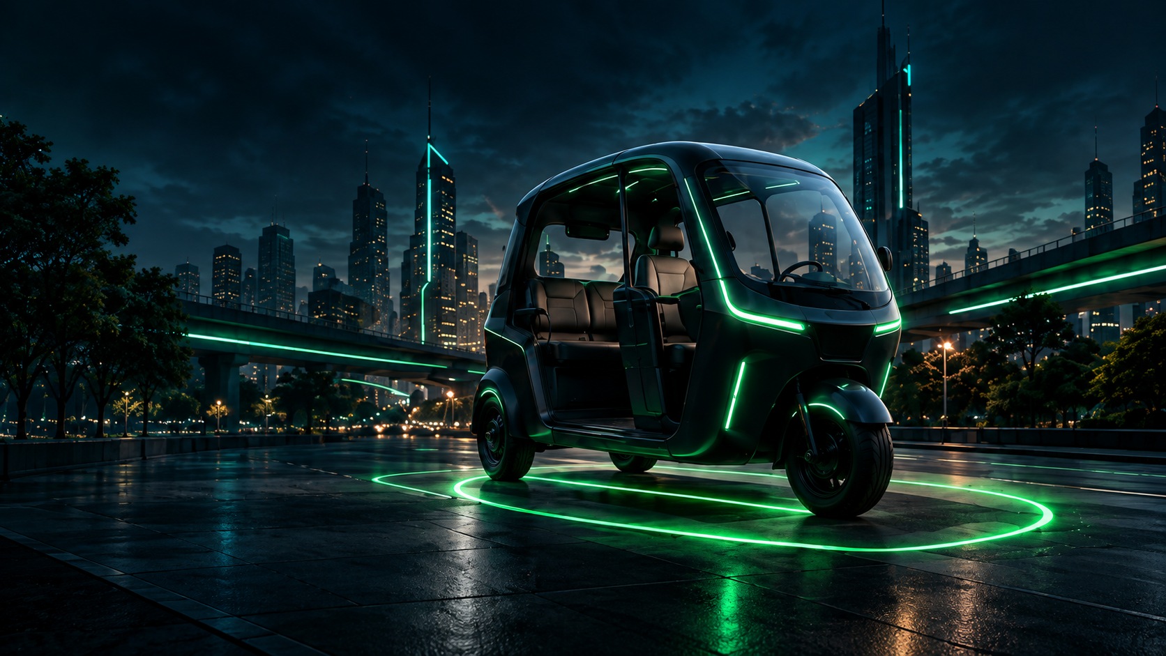Futuristic black auto-rickshaw concept with emerald lights on a city road
